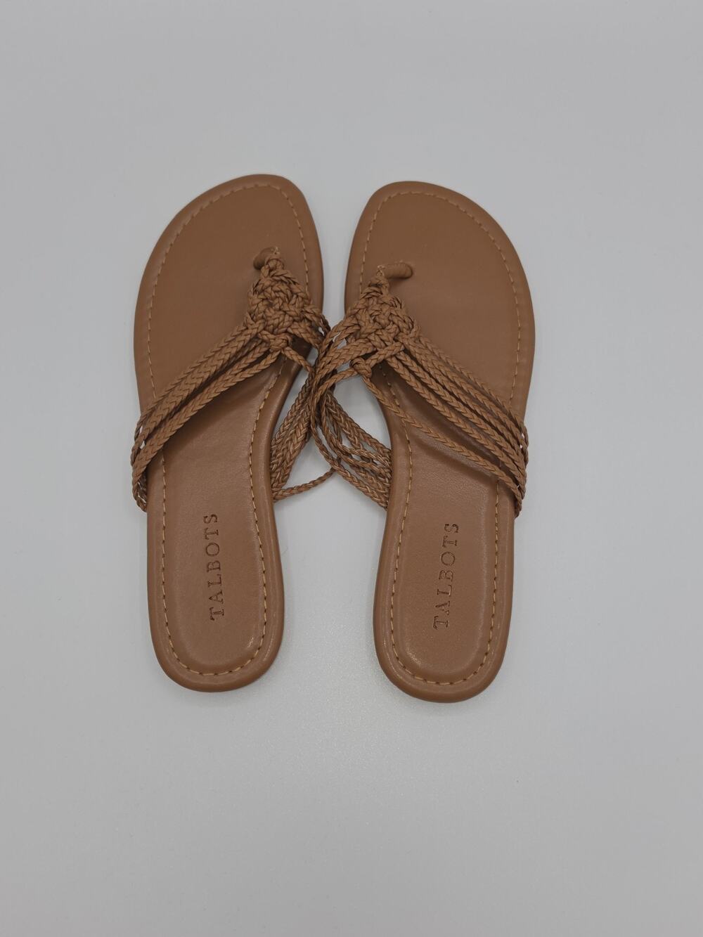 Talbots Women’s 8M Tan Cognac Braided Thong Sandals Woven Knot Flat Slides